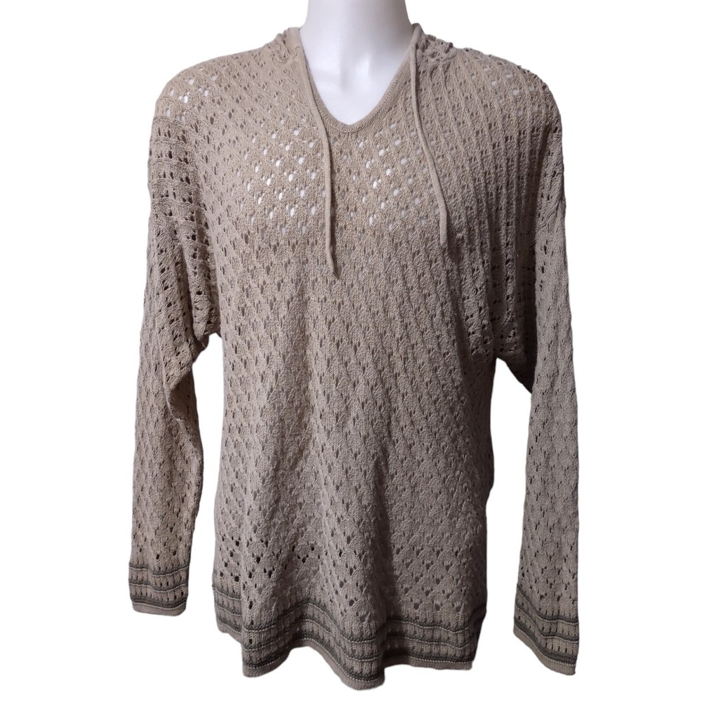 Woolrich Lightweight Open Knit Hooded Sweater - Beige wGreen Stripes NWOT